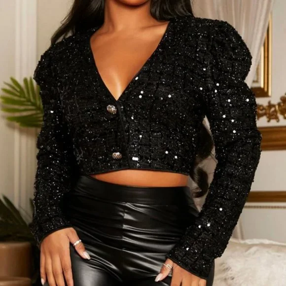 crop puff sleeve black sequin jacket - Picture 3 of 6